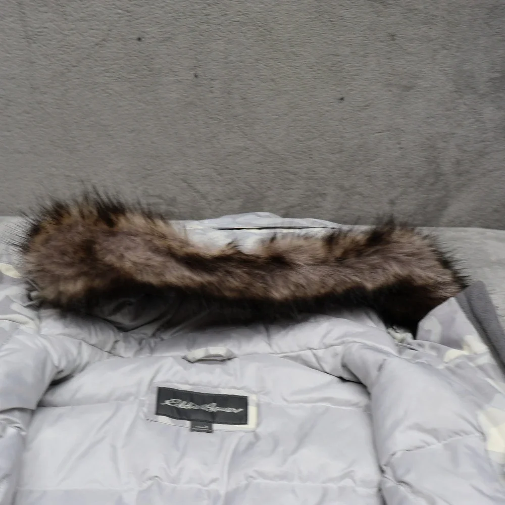 Eddie Bauer Down Jacket Womens Small White Camo Faux Fur Trim Insulated Parka